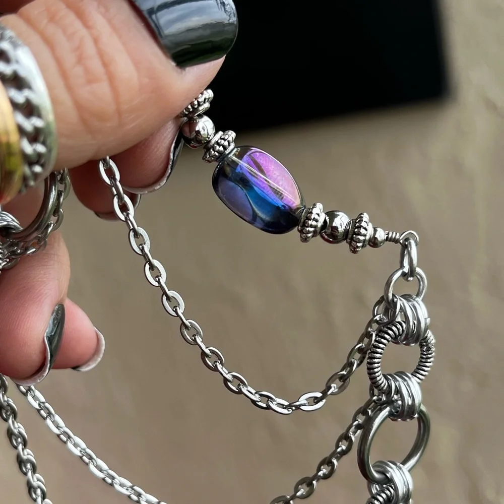 Handmade maille choker necklace blue purple aura crystal stainless steel chain - Picture 10 of 14